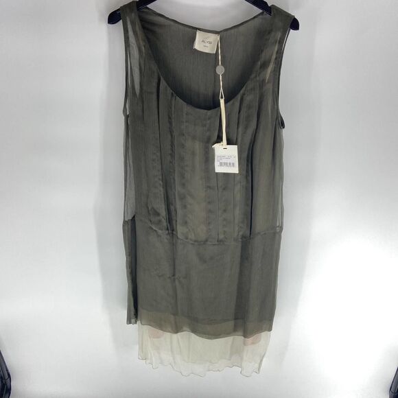 Alysi green cream bottom sleeveless pleat shift mini dress NWT Womens 4 - Picture 1 of 7